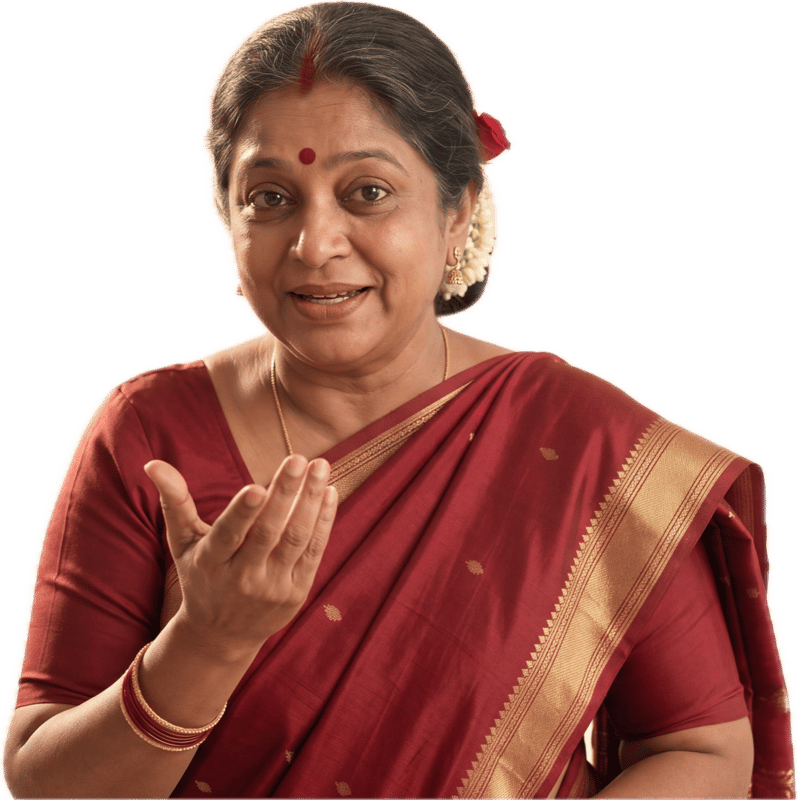 Pushpa Aunty explaining something with an open hand