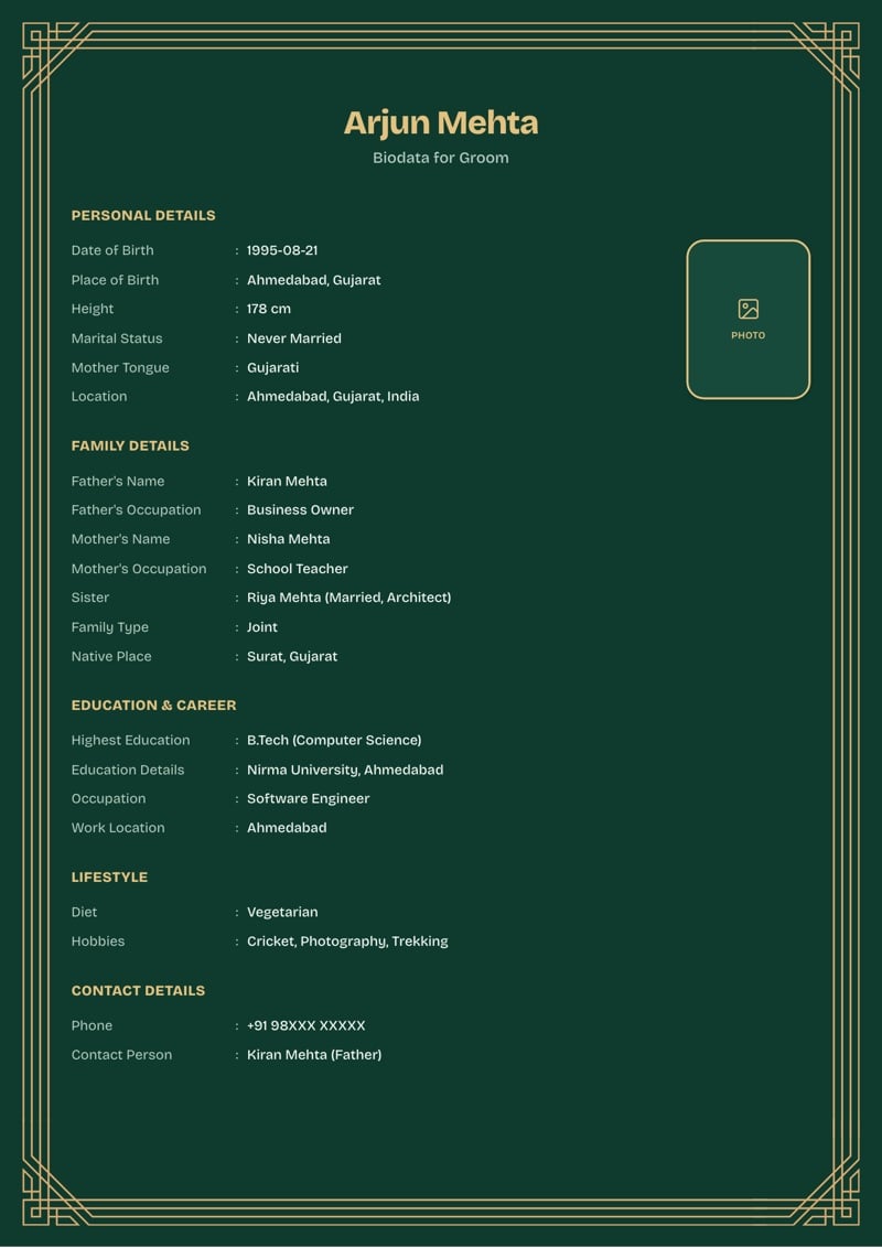 An emerald marriage biodata in the Blossom layout