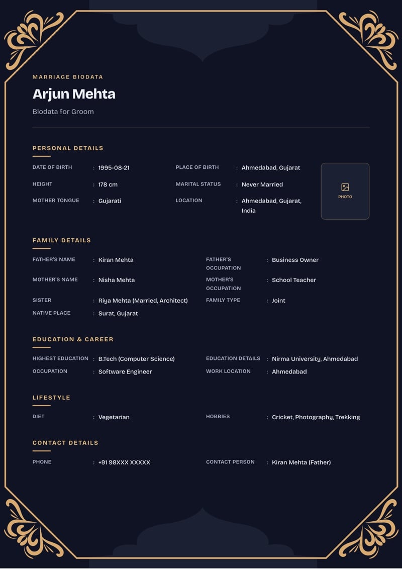 A finished marriage biodata in navy with a Mandap border, showing every section