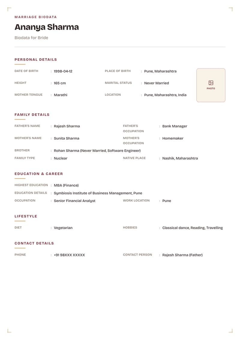 Modern marriage biodata template with white background and Sanskar border