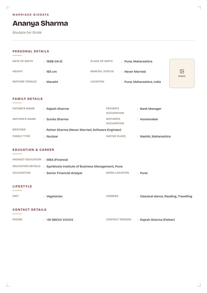 A white marriage biodata in the Modern Sanskar layout
