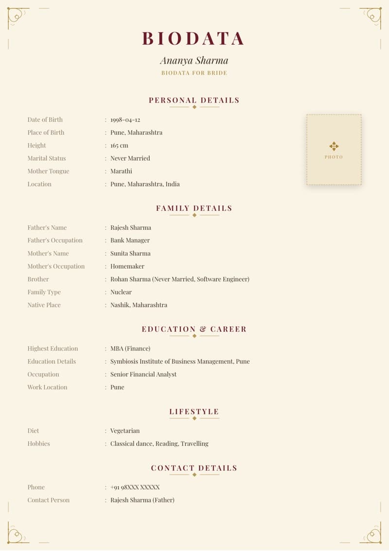 Traditional marriage biodata template with cream background and Heritage border