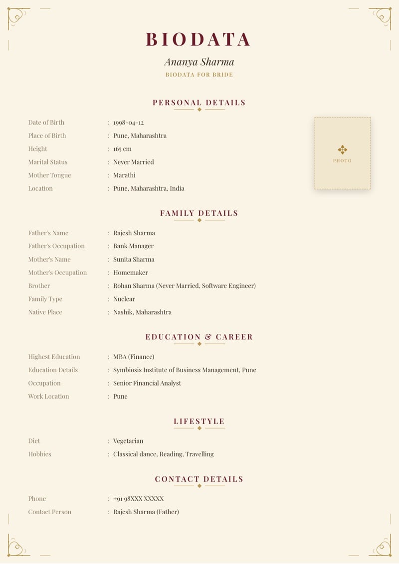 A cream marriage biodata in the Heritage layout